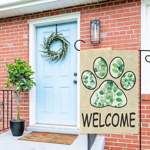 WATINC Paw Print Garden Flag - Spring Summer Eucalyptus Leaf Welcome Linen Garden Flag, 12 x 18 Inch Double Sided Seasonal Holiday Farmhouse Yard ...