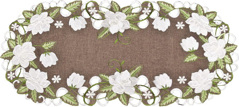 Beautiful White Magnolia Floral Design and Green Leaves Embroidered Cutwork Edges on Brown Polyester Linen Table Runner, Table Centerpiece, Dresse...