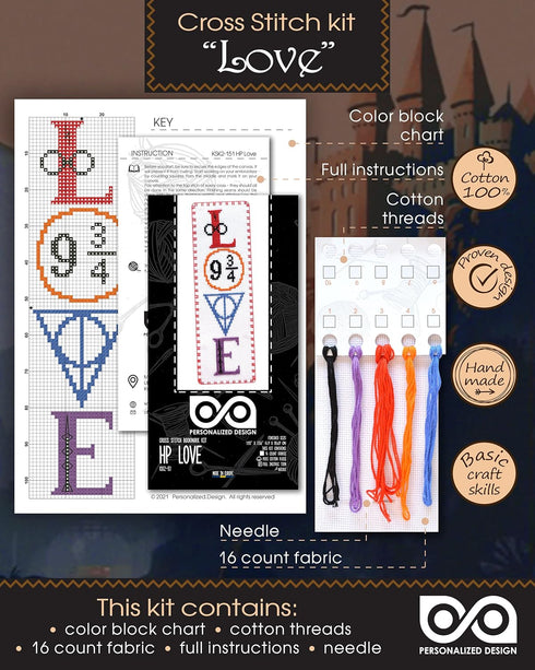 Counted Cross-Stitch Bookmark Kit 'HP Love' - DIY Set for Hand Embroidery with Pattern Design...