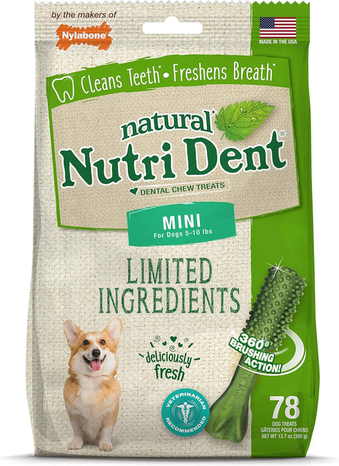 Nylabone Nutri Dent Dog Dental Treats - Natural Dog Teeth Cleaning & Breath Freshener - Dental Treats for Dogs - Fresh Breath Flavor, Mini (78 Cou...