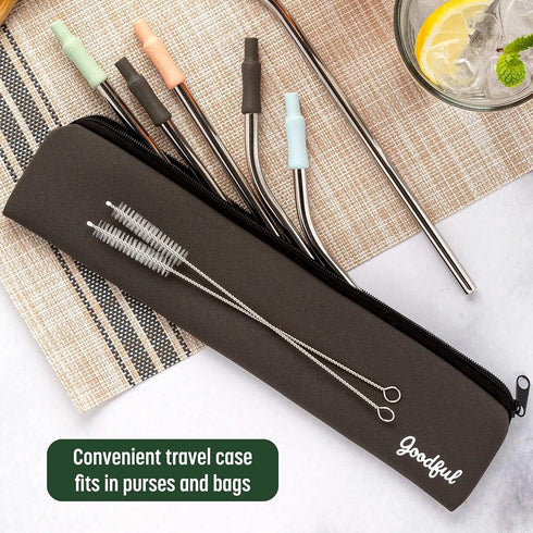 Goodful 8 Piece Variety Pack Reusable Travel Stainless Steel Straw Set, Travel Case, Cleaning Brushes, Removeable Silicone Tips, Multi Color...