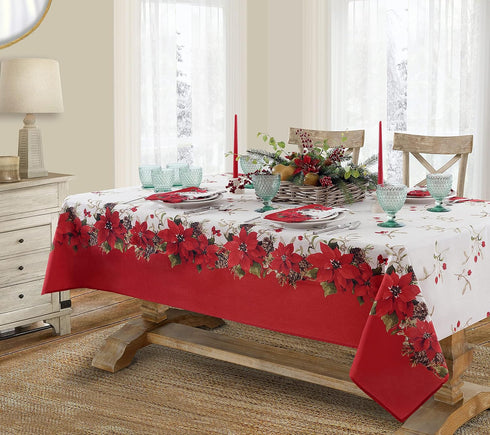 Newbridge Christmas Blooming Poinsettia’s Double Bordered 70 inch Long Table Runner, Holiday Red and White Poinsettia Dining Table Runner...