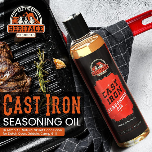 Heritage Products Cast Iron Seasoning Oil - Low-Smoke, Hi Temp All-Natural Skillet Conditioner for Dutch Oven, Griddle, Camp Grill – Cleans, Prote...