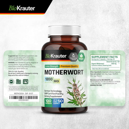 BIO KRAUTER Motherwort Capsules 1200 mg - 100 Count - Motherwort Herb Supplement - Promote Relaxation - Women’s Support Capsules...