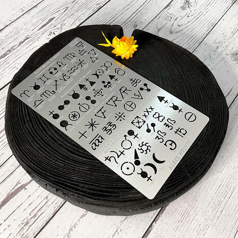 Aleks Melnyk No.398 Metal Stencil, Alchemical symbols, Small Stencil, 1 PC, Template for Wood Burning, Engraving, Crafting, Scrapbook...