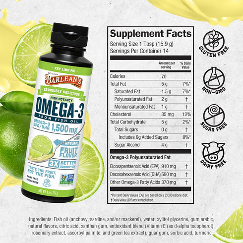 Barlean's Key Lime Pie High Potency Omega 3 Fish Oil Liquid Supplement, 1500mg of EPA& DHA Fatty Acid, Smoothie Flavored & Burpless for Brain, Joi...