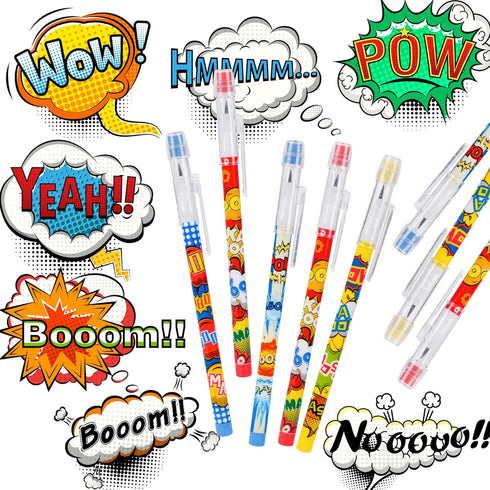 Kolewo4ever 48 Pcs Hero Pencils Translucent Pencil Multipoint Non- Sharpening Stackable Pencils Pop Up Plastic Pencils Pow! Snap! Wham! Bang! Penc...