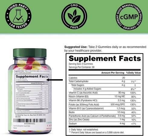 Yuve Vegan Multivitamin Gummies for Men and Women - Daily Energy, Strength, Immunity - Vitamin A, C, B3, B6, B12, Biotin & Zinc - Delicious Chewab...