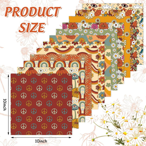 Whaline 12Pcs Retro Floral Cotton Fabric Bundles 10 x 10 Inch Hippie Groovy Boho Rainbow Printed Fat Quarters Boho Quilting Patchwork for DIY Hand...