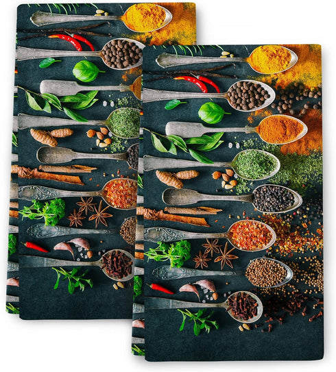 Colourful Herbs Spices Cooking Black Dish Kitchen Towels Set of 2 Soft Absorbent Hand Towels Tea Towels Gifts Bathroom Home Decorative 16x24 Inch...