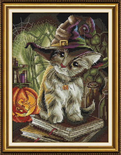 Maydiyer 11CT Stamped Cross Stitch Kits Pre-Printed Embroidery Kit,DMC Threads Needlework Sets for Girls -Cat Magician 12.6×15.7 inch...