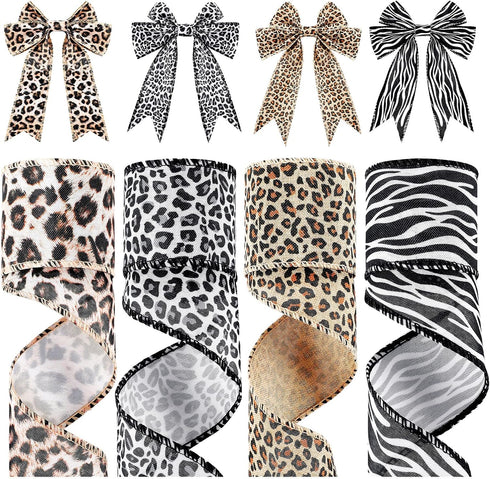 4 Rolls 20 Yards Leopard Print Ribbon Animal Print Ribbon Zebra Cheetah Wired Edge Ribbon Leopard Print Ornaments Ribbon Decorative Wrapping Ribbo...