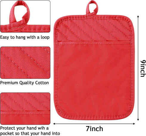 R HORSE 6Pcs Christmas Red Pot Holders with Pocket for Kitchen Cotton Pocket Pot Holder Set Heat Resistant Potholder Terry Coaster Oven Mitts Hot ...