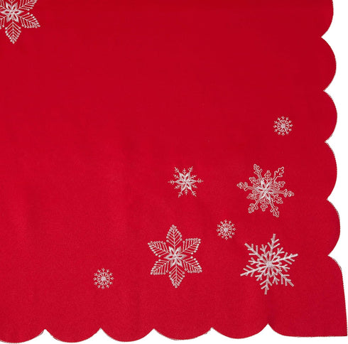 Violet Linen Embroidered Red Christmas Table Topper, 36" Square, Snowflakes...