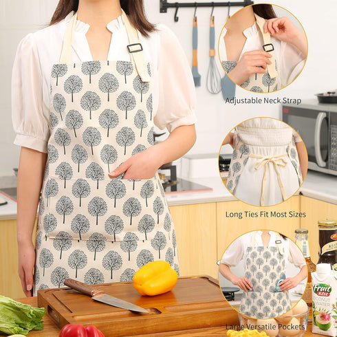 Tosewever 2 Pieces Cotton Linen Waterproof Bib Apron with 2 Pockets - Long Ties Adjustable Neck Strap - Unisex Cooking Kitchen Decorative Pattern ...