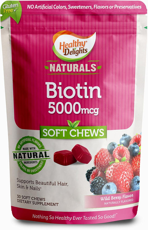 Healthy Delights Naturals, Biotin Soft Chews, Supports Lustrous Hair, Glowing Skin & Strong Nails, Delicious Wild Berry Flavor, 30 Count...