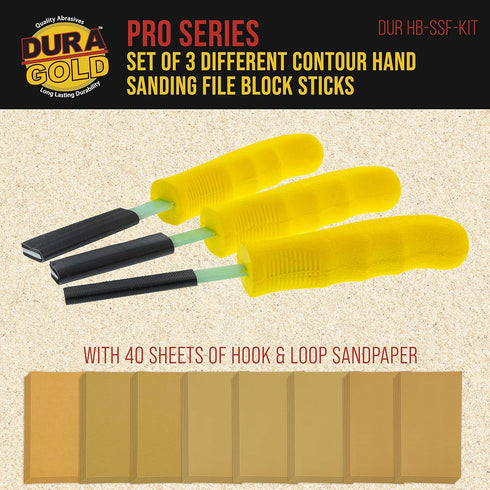 Dura-Gold Sanding Stick Kit with Ergo Handle Yellow Flat with 40 sheet Sandpaper Starter Kit...