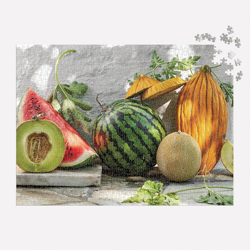Galison Melons from The Vine – Bella Karragiannidis 1000 Piece Puzzle Featuring A Mediterranean Still Life of Summer Melons...