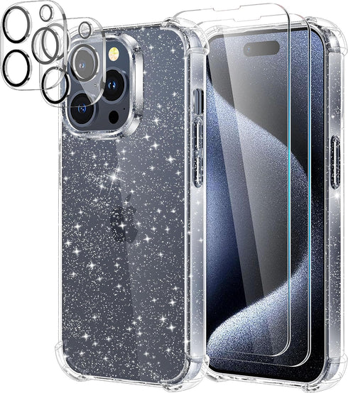 KSWOUS for iPhone 15 Pro Max Case Glitter with 2 Pack Screen Protector + 2 Pack Camera Lens Protector, Clear Glittering Cute Phone Case Shockproof...