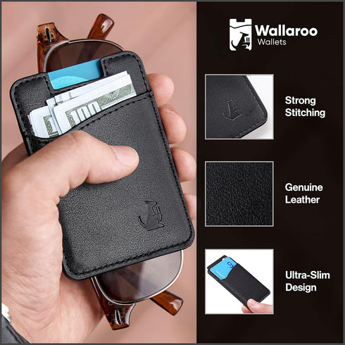 Wallaroo Wallets Slim Leather Card Holder Wallet - Black, Minimalist, Thin, Front Pocket, Genuine Leather Credit Card Holder for Easy Work and Tra...