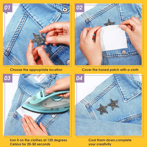 Syhood 24 Pieces Star Patches Iron on Rhinestone Adhesive Sequin Glitter Star Patches Appliques for Clothing Jeans Repair Decoration(1.57 Inch,Bla...