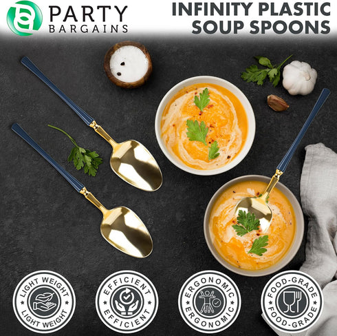 Party Bargains Disposable Plastic Navy Gold Soup Spoons, Infinity Modern Design Utensils, 40 Pack...