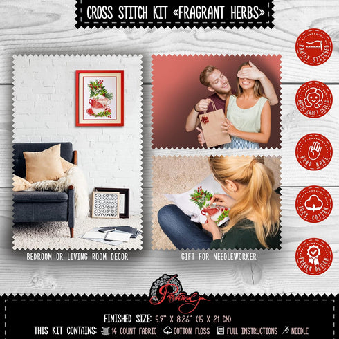 Povitrulya Fragrant Herbs - Counted Cross Stitch Kits for Adults with Victorian Tea Cups Design, DIY Embroidery Kitchen Christmas Set...