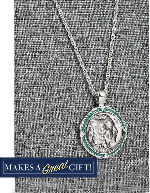 American Coin Treasures Buffalo Nickel Coin Pendant Necklace with Green Enamel | Silvertone 24" Rope Chain for Men & Women | Lobster Claw Clasp | ...