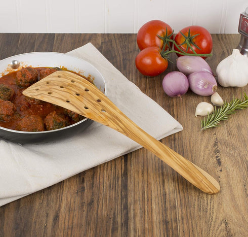 Eddington Italian Olive Wood Wide Pierced Spatula, Handcrafted in Europe, 12.5-Inches...