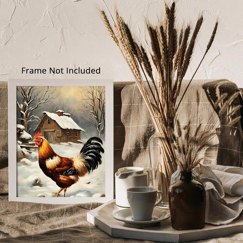 Posterizer 1 pcs-chicken in snowy winter scene-oil painting style -2-Art for Animal Lovers-Landscape & Nature Art-Decor for Home & Office- unframe...