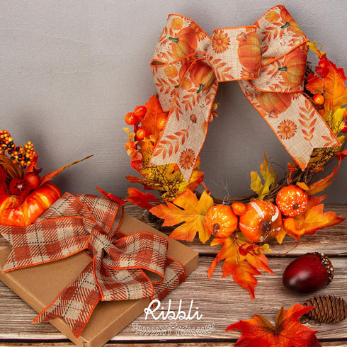 Ribbli Fall Ribbon Wired 2 Rolls 2.5 Inch Total 60 Feet(20 Yards), Fall Pumpkin Thanksgiving Ribbon for Wreaths, Big Bows, Autumn Gift Wrapping, O...