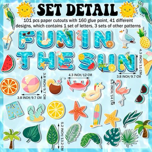 101Pcs Fun in The Sun Bulletin Board Decorations Summer Classroom Decor Pool Beach Leaf Paper Cutouts with Glue Points for Kids School Preschool O...