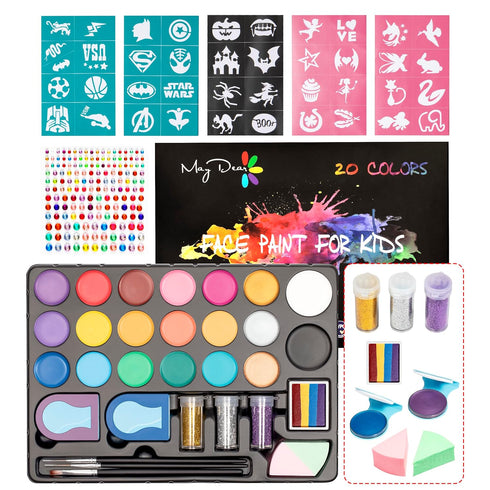 Maydear Face Painting Kit for Kids - 20 Colors Water Based Makeup Palette with Stencils, Glitters, Rainbow Split Cake, Hair Dye Clips, for Parties...