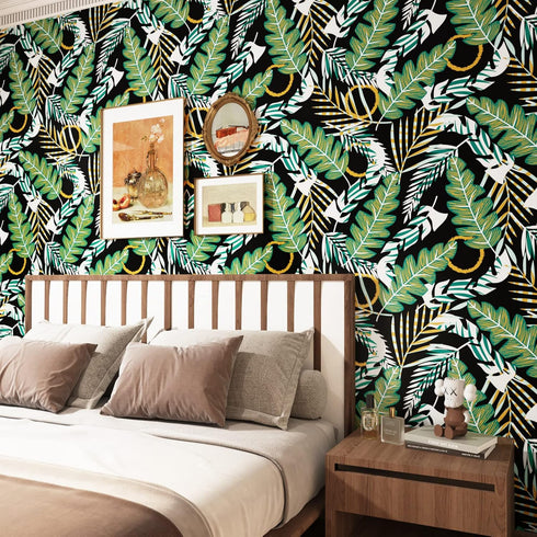 Tropical Green Leaves Wallpaper Peel and Stick Wallpaper Self Adhesive Removable Wallpapers Black Contact Paper for Cabinets Vinyl Countertops Wat...