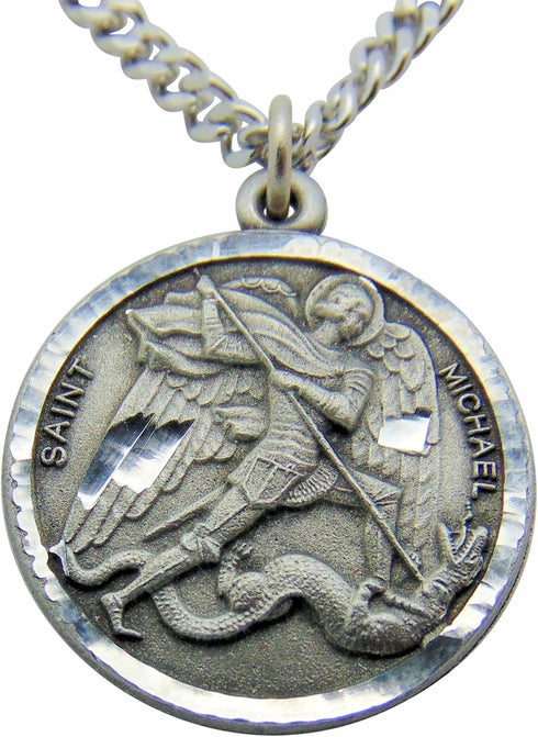 Saint Michael Round Pewter Medal Pendant 1 Inch on 24 Inch Stainless Steel Chain Gift...
