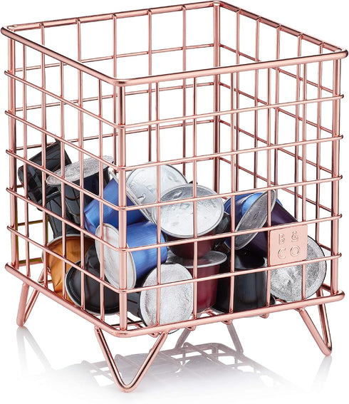 Barista & Co Coffee Pod Cage - Stainless Steel Large Capacity 80+ Coffee Capsule Holder - Copper with Stamp Logo Coffee Pod Storage Compatible wit...
