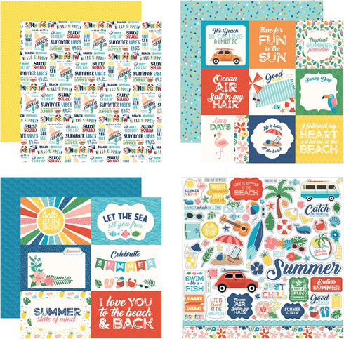 Summer Scrapbook Paper & Stickers Kit - Beach Theme Cardstock & Stickers, 4 Items, 12x12 Inch, Modern Style, Square Shape, Variety Pack...