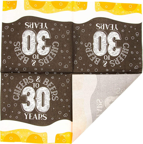Sparkle and Bash Cheers & Beers Paper Napkins - Cheers to Beers and 30 Years - 6.5 x 6.5 in Folded, 100 Count - 2-Ply Absorbent Lunch Napkins for ...