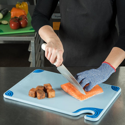 San Jamar Saf-T-Grip Plastic Cutting Board with Safety Hook, 12" x 18" x 0.5", Blue...