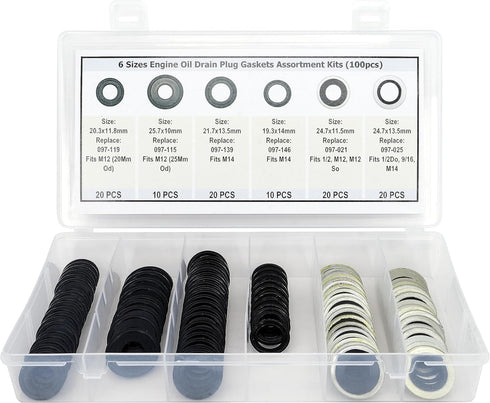 100PCS 6 Sizes Engine Oil Drain Plug Gaskets, Washer Assortment Kits Replace 097-836CD, F5TZ-6734-BA, 097-119, 097-115, 097-139, 097-146, 097-021,...