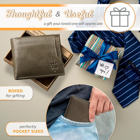 Christian Art Gifts Genuine Leather Wallet for Men John 3:16 Bible Verse with Cross Classic Taupe Leather RFID Blocking Multi-purpose Slots and Ca...