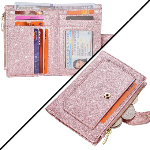 Womens Wallets RFID Small Compact Bifold Leather Card Holder Zip Pocket Keychain...