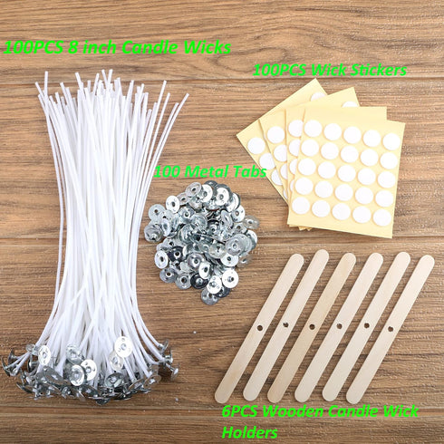 MILIVIXAY 100PCS 8 inch Candle Wicks with 100 Metal Tabs, 100PCS Candle Wick Stickers and 6PCS Wooden Candle Wick Holders - Wicks Coated with Para...