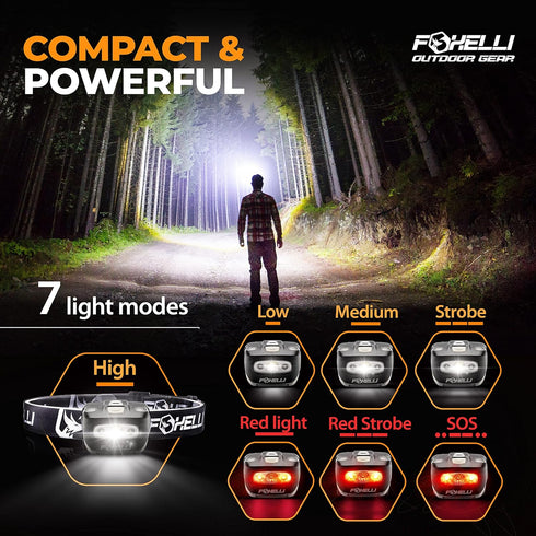 Foxelli LED Headlamp Flashlight for Adults & Kids, Running, Camping, Hiking Head Lamp with White & Red Light, Lightweight Waterproof Headlight wit...