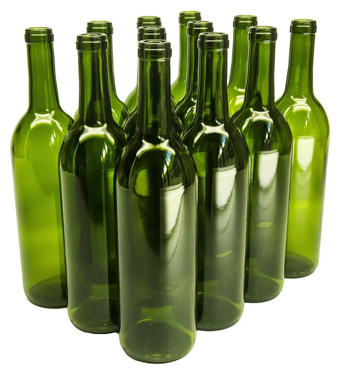 North Mountain Supply - W5CG 750ml Glass Bordeaux Wine Bottle Flat-Bottomed Cork Finish - Case of 12 - Champagne Green...