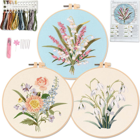 Myfelicity Embroidery kit for adults and beginners, includes 3 floral pattern fabrics, 3 embroidery hoops, embroidery floss and other tools....