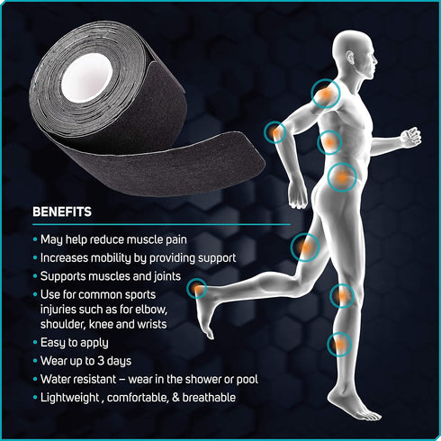 Care Science Waterproof Kinesiology Tape, 40 ct Precut Strips (2 Rolls), Black | Elastic Sports & Weightlifting Tape Supports Muscles & Joints. Wa...
