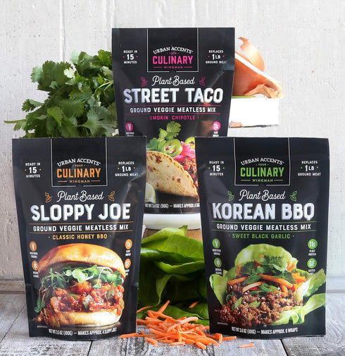 Urban Accents Plant Based Meatless Mixes – Gluten Free Plant Based Protein & Seasoning Blends – Vegetarian Korean BBQ Mix, Sloppy Joe Mix & Taco M...