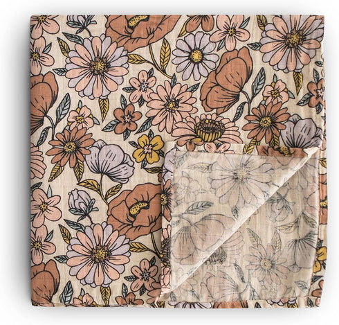 mushie Muslin Baby Swaddle Blanket | 100% Organic Cotton (Retro Flowers)...
