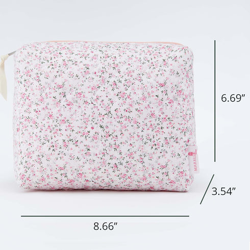 Quilted Cosmetic Bag for Women (Pink Flowers), Cotton Makeup Bag, Kawaii Cosmetic bag, Floral pouch, Floral cosmetic bag, Large Travel Toiletry Ba...